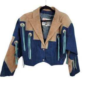 Vtg 80s Rare Denin Western Rodeo Jacket Sz S Cowgirl Chic Conchos Fringe Funky